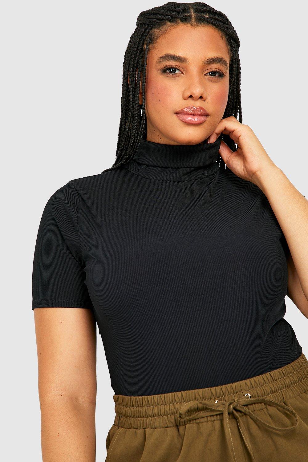 Basic Black Rib High Neck Short Sleeve Crop Top