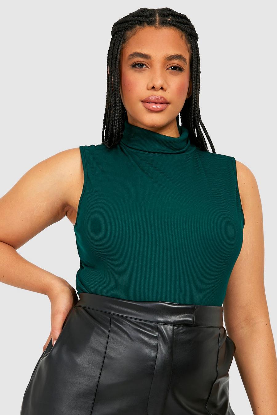 Forest Plus Rib Roll Neck Sleeveless Top  
