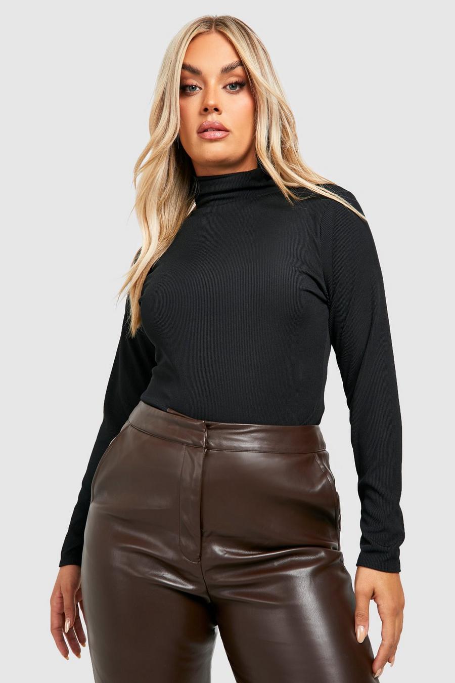 Black Plus Rib Roll Neck Top