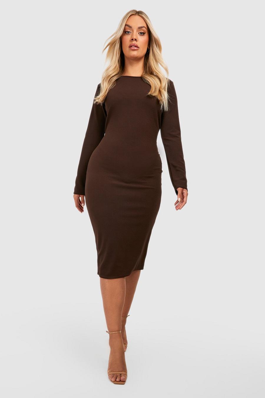 Chocolate brown Plus Scoop Neck Long Sleeve Midi Dress image number 1