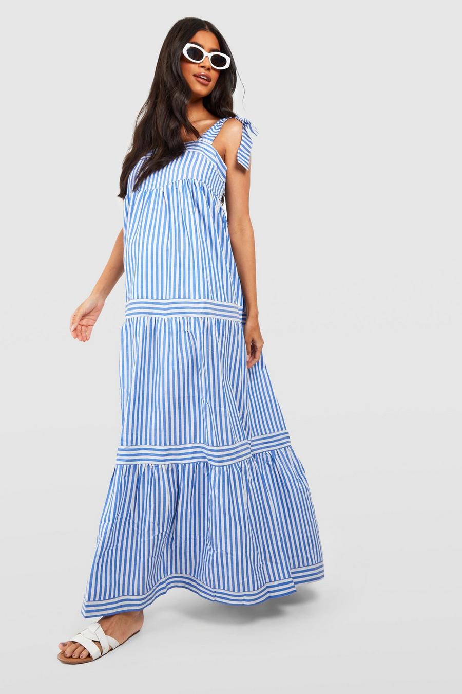 Blue Maternity Tie Shoulder Woven Stripe Maxi Dress image number 1