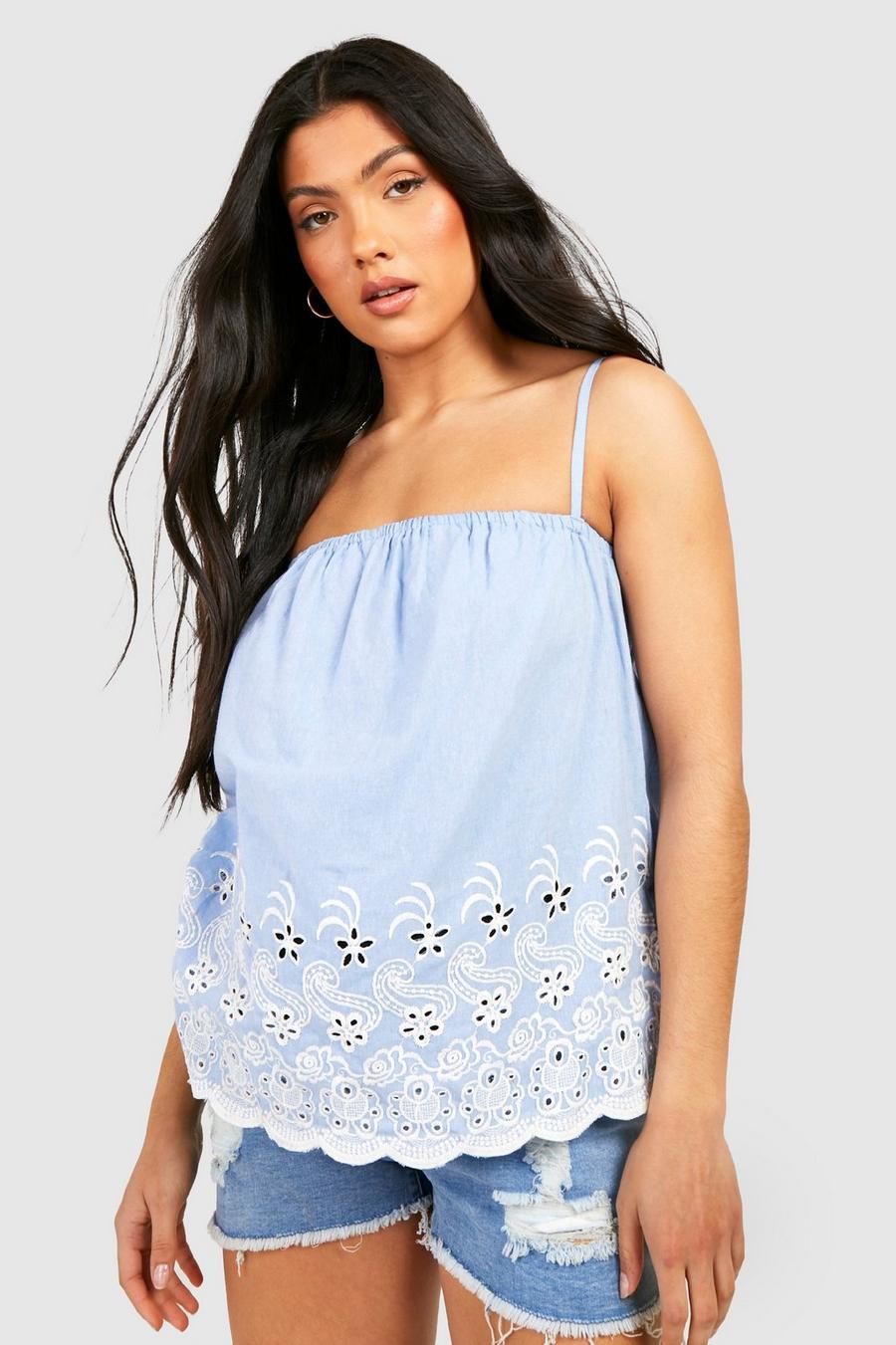 Lucky Brand Woven Swing Cami Lace Trim Cropped Floral Print Blue Small New