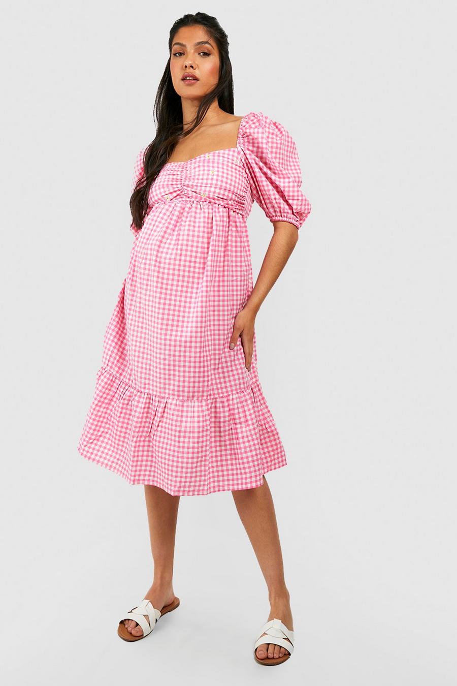 Pink Maternity Embroidered Flower Gingham Midi Dress image number 1
