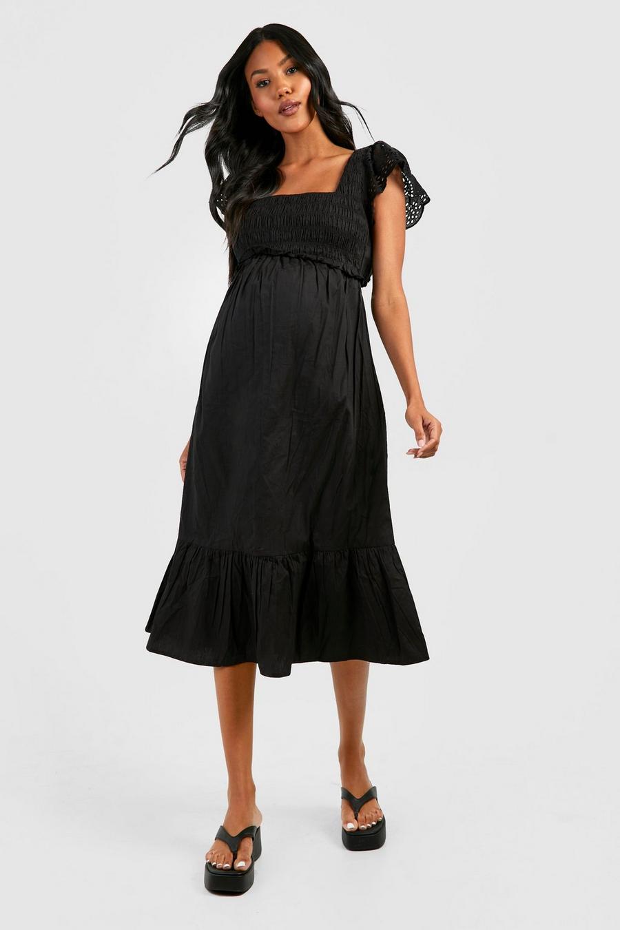 Black Maternity Broderie Sleeve Midi Dress image number 1