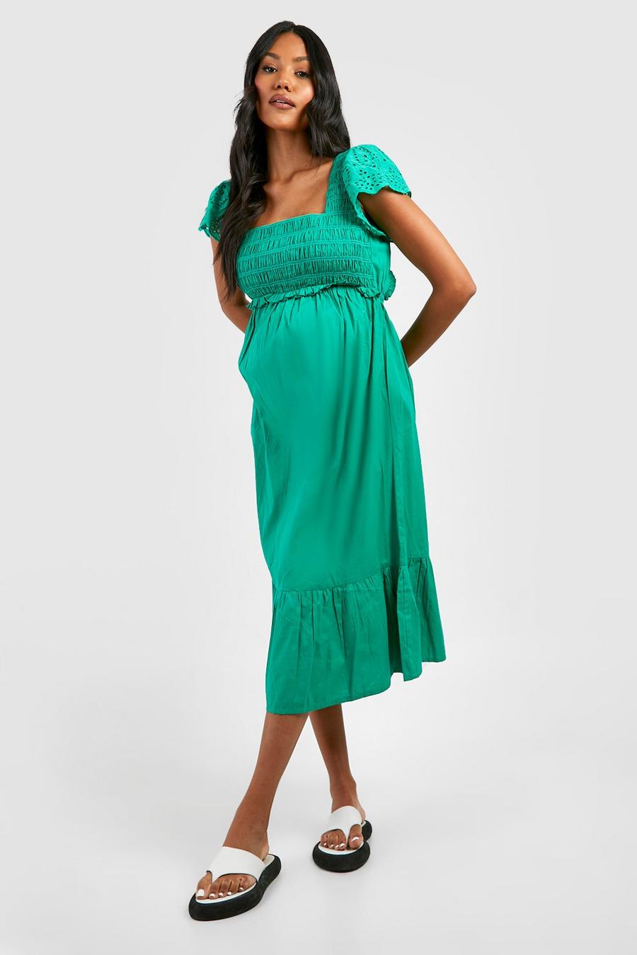 Green Maternity Eyelet Sleeve Midi Dress