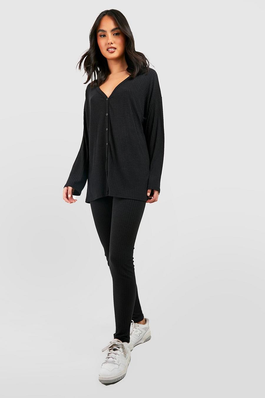 Black Soft Rib Knit Slouchy Cardigan And Leggings Co-ord image number 1