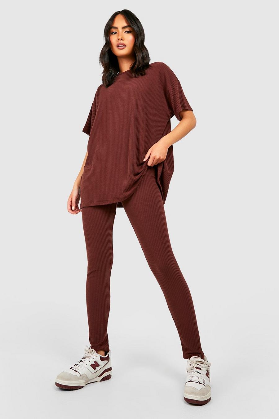 Chocolate brown Soft Rib Oversized T-shirt And Leggings Co-ord