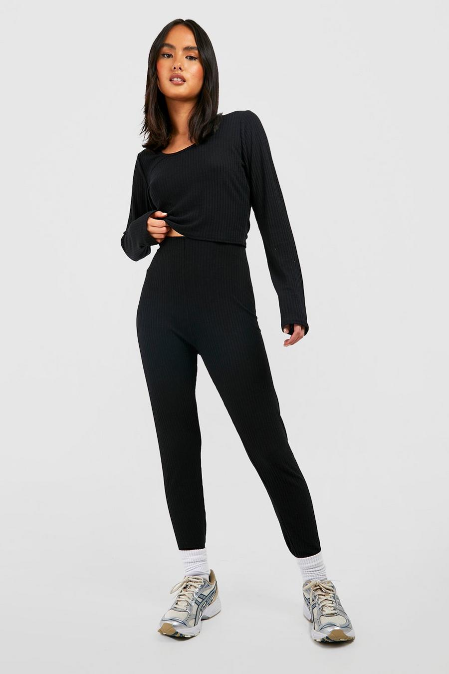 Black Soft Rib Knit Long Sleeve Top And Leggings Co-ord image number 1