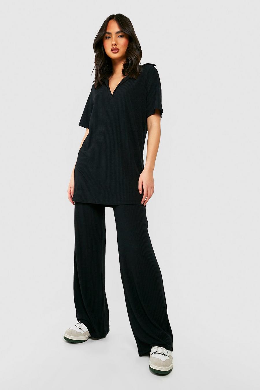 Black Soft Rib Knit Collared Tunic And Trouser Destructed Relaxed Co-ord image number 1