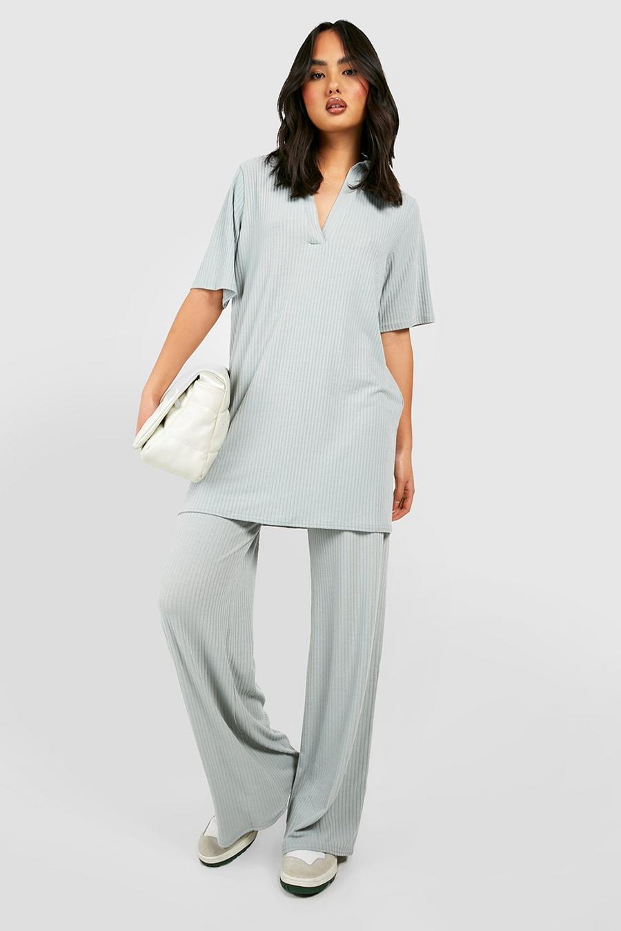 Sage Soft Rib Knit Collared Tunic And Pants Relaxed Co-Ord image number 1