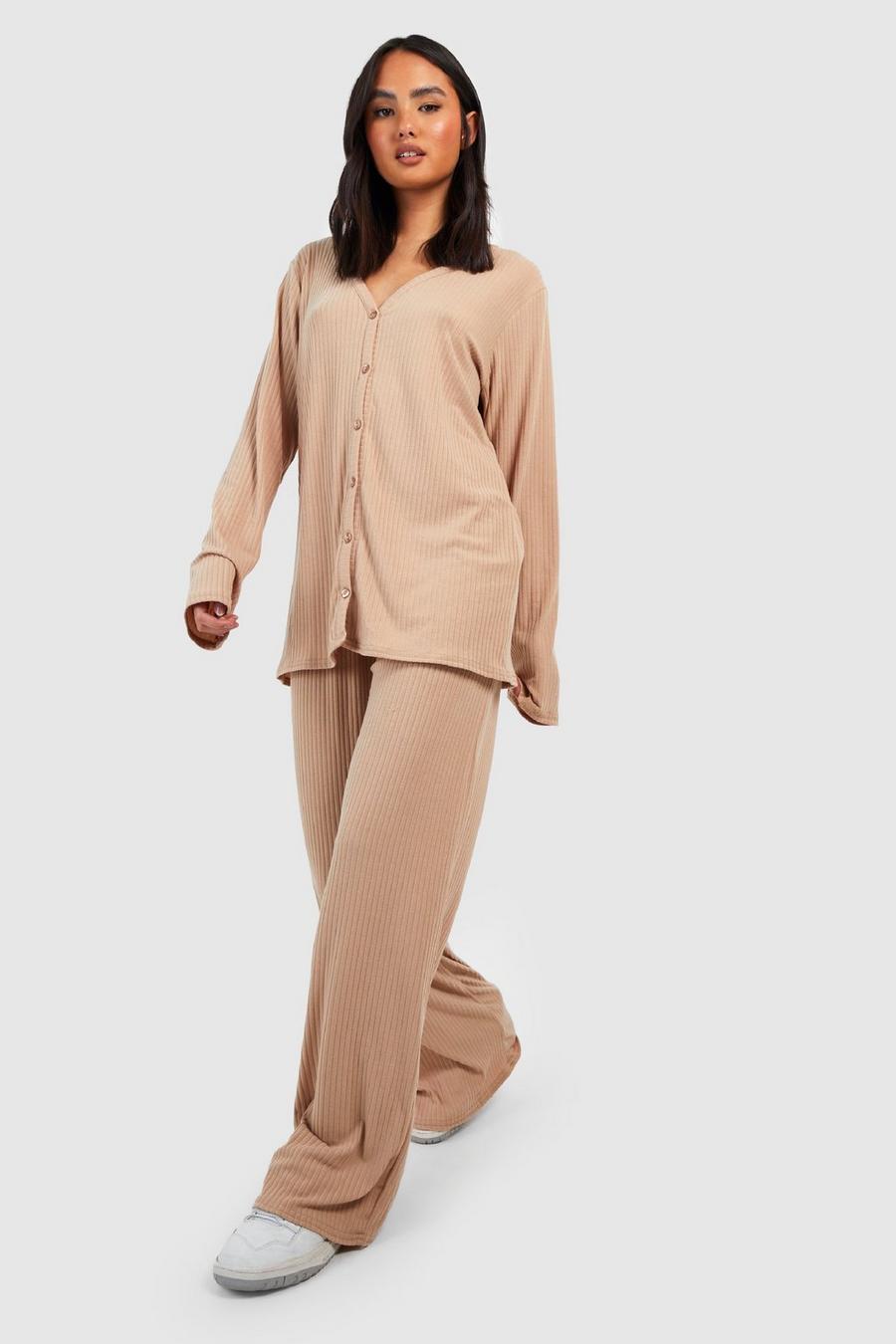 Camel beige Soft Rib Knit Cardigan And Trouser Relaxed Co-ord