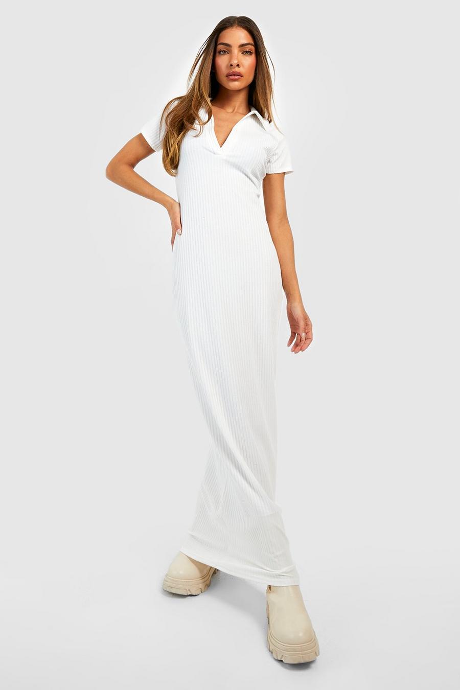 Ivory blanco Soft Rib Knit Collared Maxi Dress