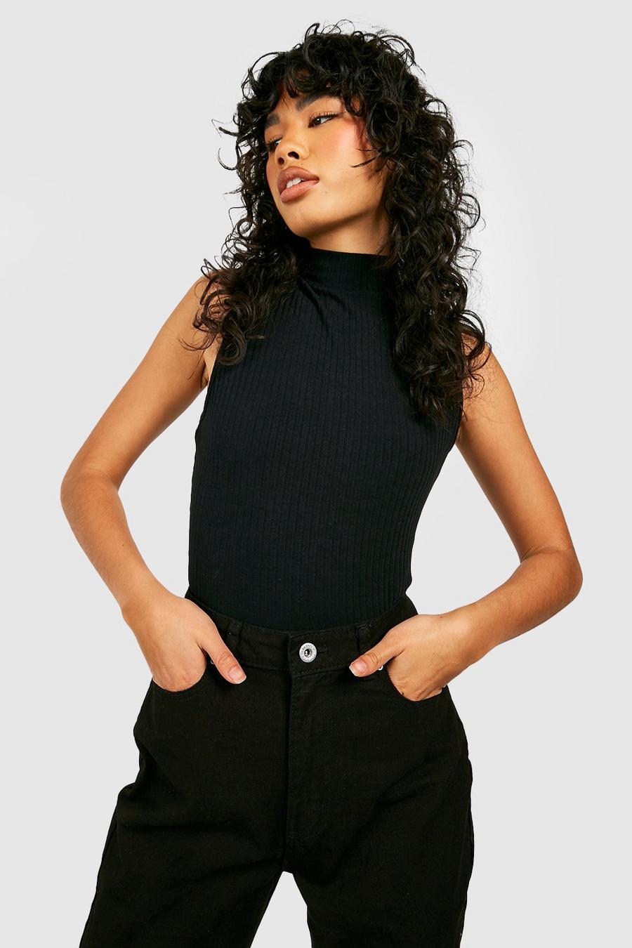 Black Soft Rib Knit High Neck Sleeveless Bodysuit image number 1