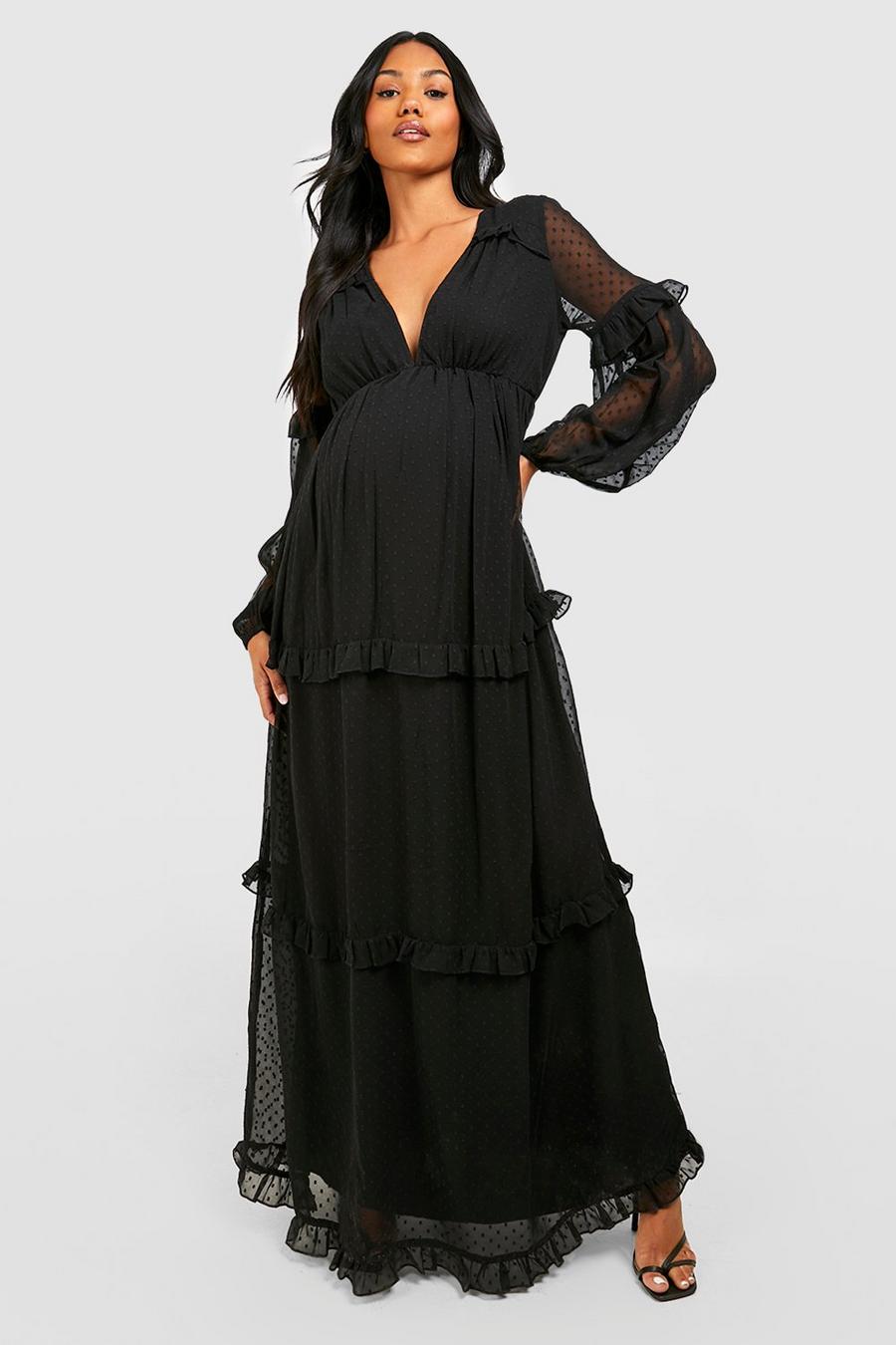 Black Maternity Dobby Mesh Ruffle Maxi Dress