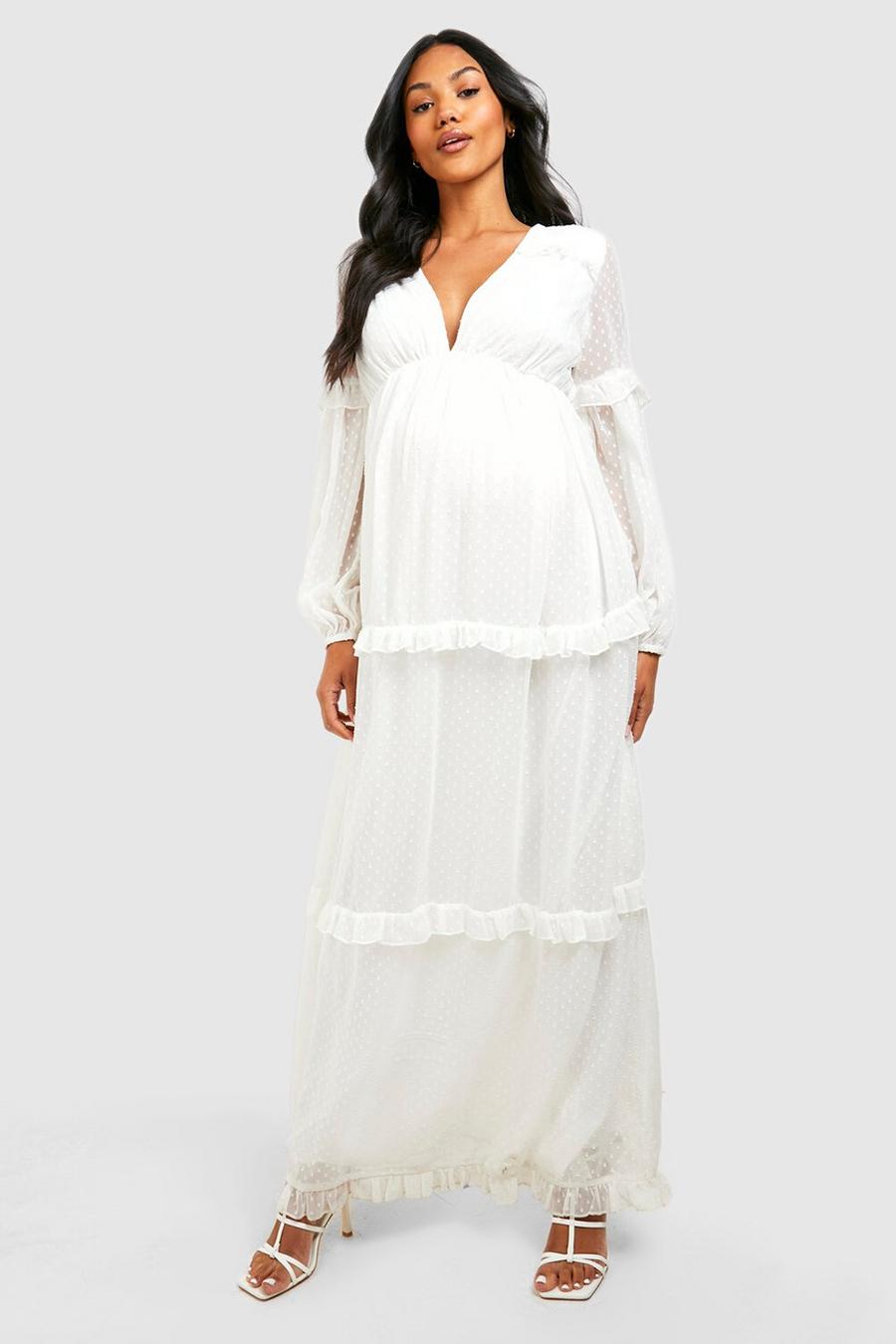 Ivory Maternity Dobby Mesh Ruffle Maxi Dress