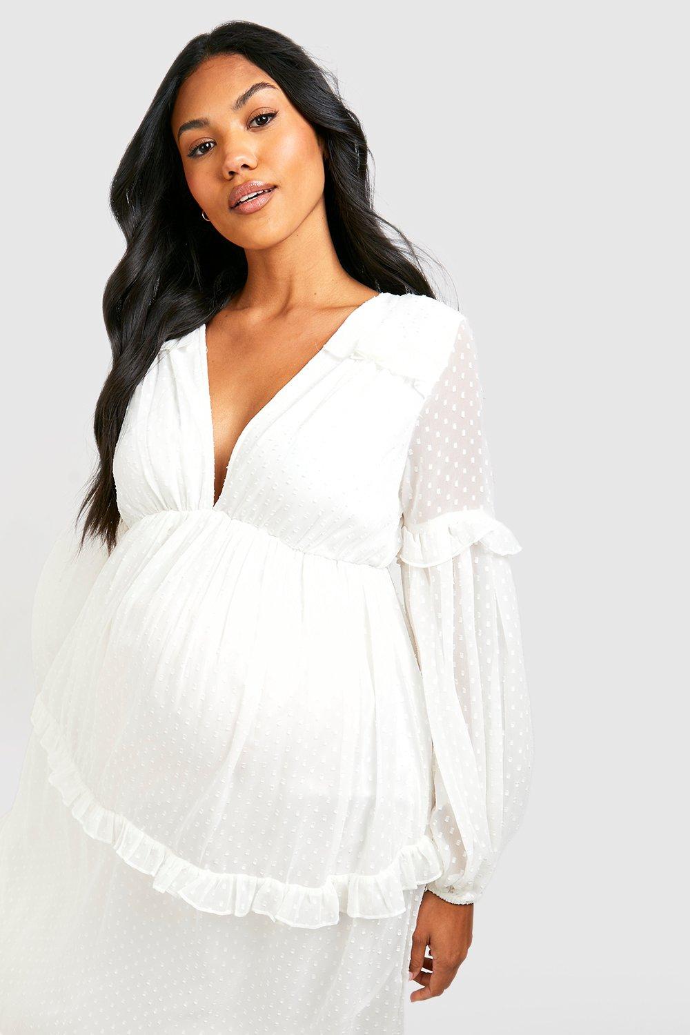 Maternity Dobby Mesh Ruffle Maxi Dress