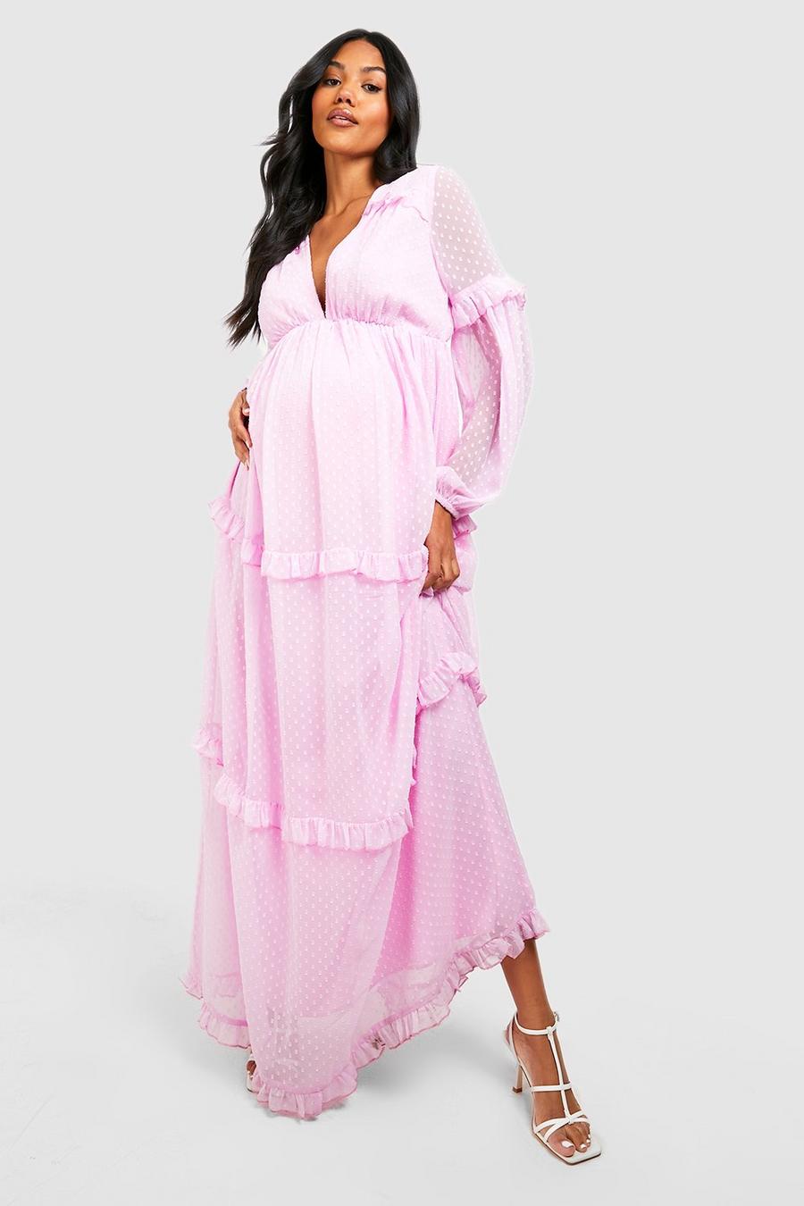 Lavender Maternity Dobby Mesh Ruffle Maxi Dress