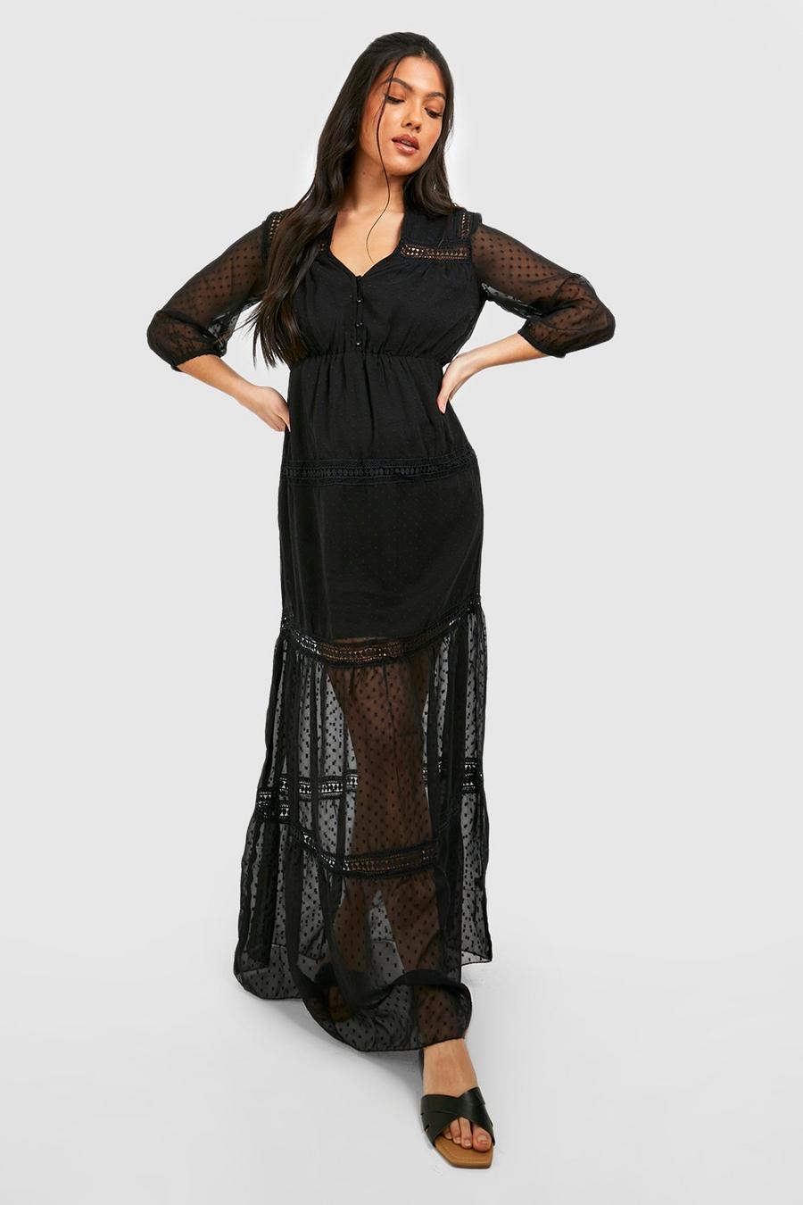 Black Maternity Dobby Chiffon Lace Trim Maxi Dress image number 1