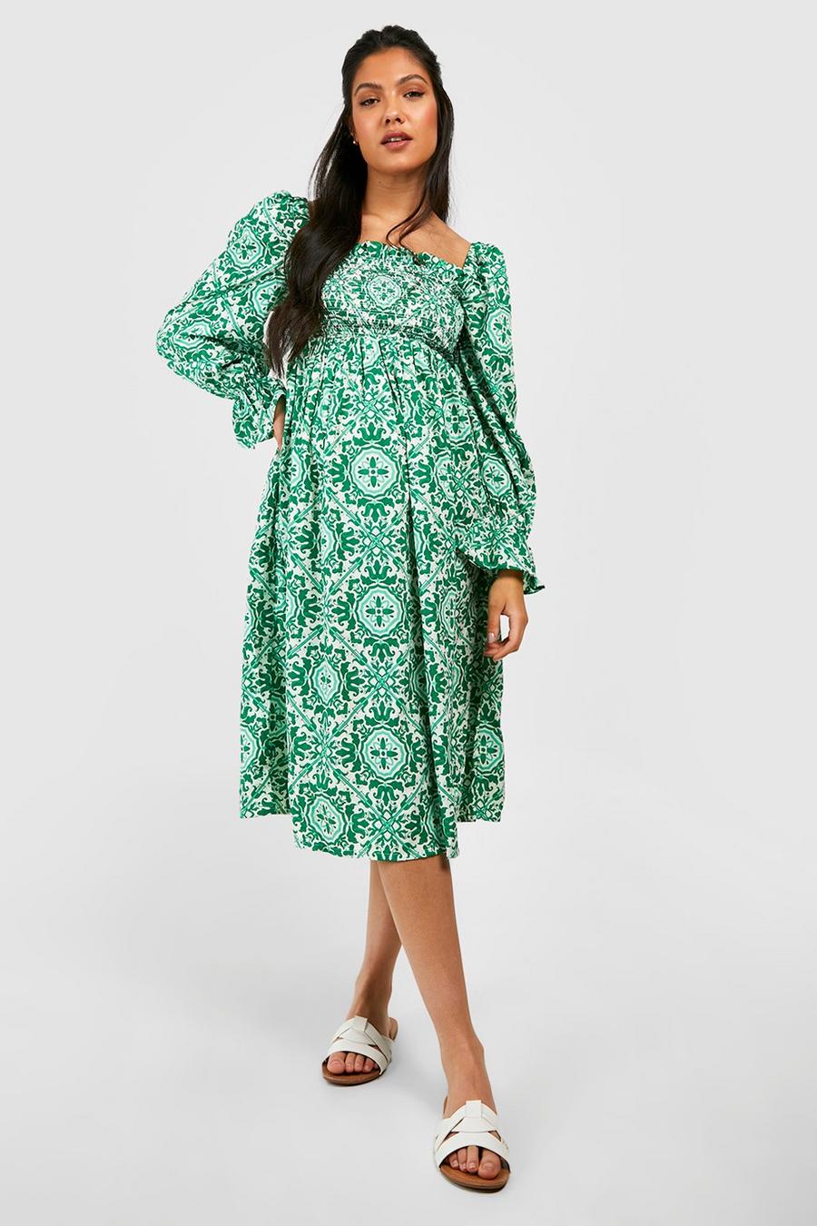 Green Maternity Shirred Detail Long Sleeve Midi Dress image number 1