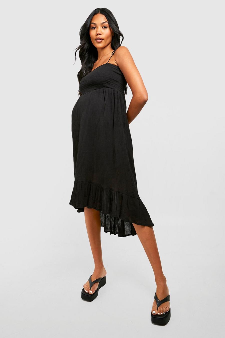 Black Maternity Cheesecloth Shirred Midi Dress