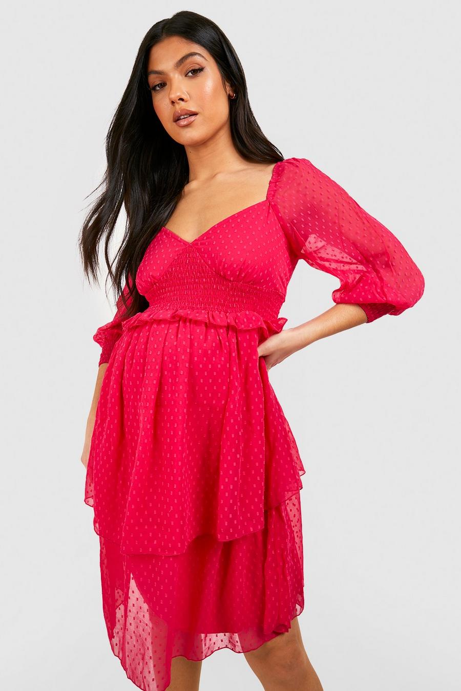 Hot pink Maternity Dobby Mesh Frill Detail Smock Dress image number 1
