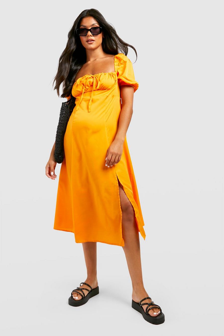 Pale orange Maternity Puff Sleeve Midi Dress image number 1