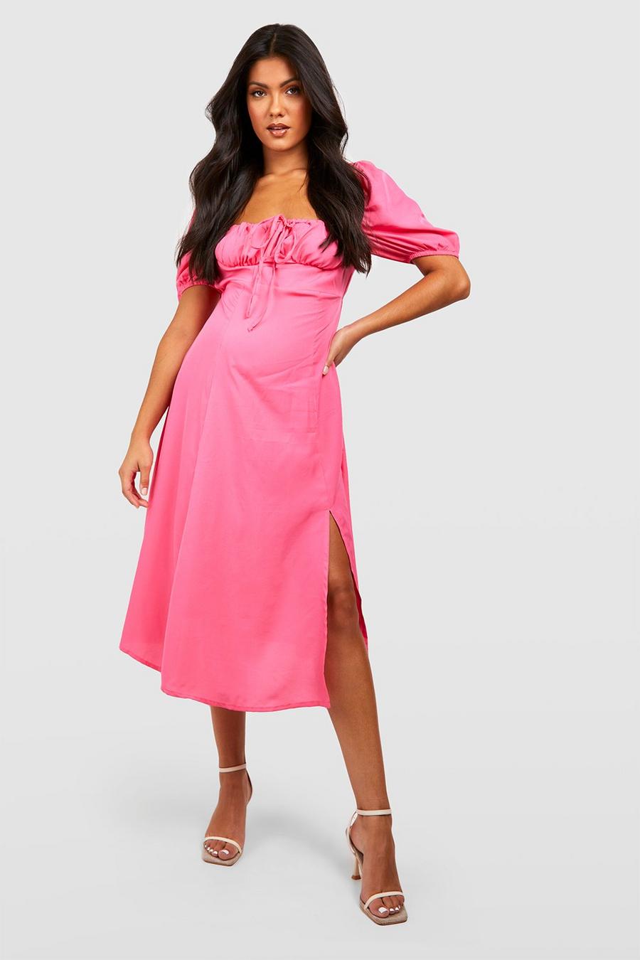 Pink Maternity Puff Sleeve Midi Dress