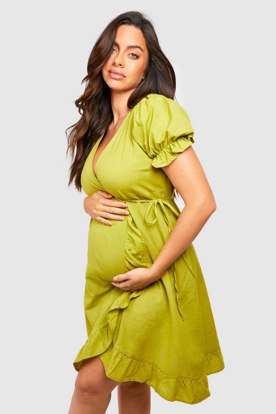 Olive Maternity Linen Ruffle Wrap Midi Dress image number 1