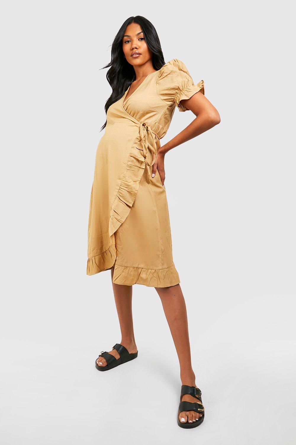 Maternity Linen Ruffle Wrap Midi Dress | boohoo USA