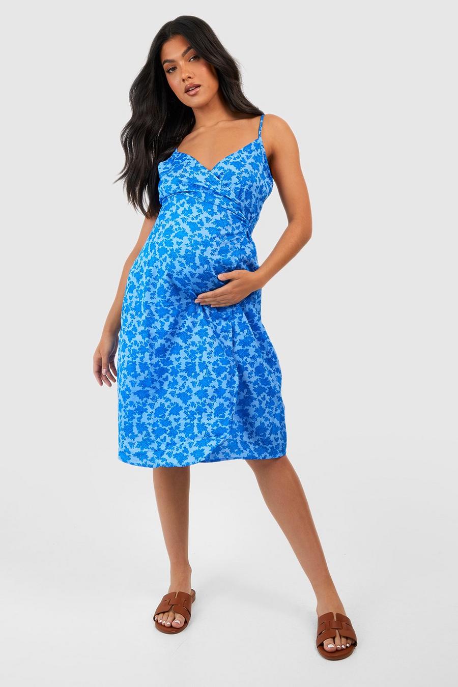 Blue Maternity Floral Strappy Skater Dress image number 1