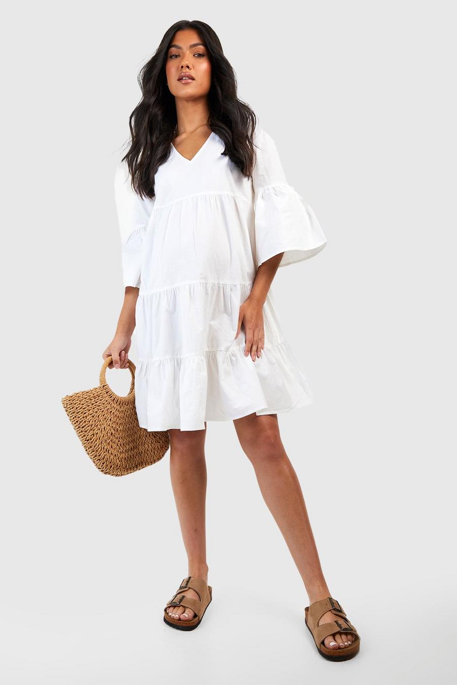 White Maternity Tiered Smock Dress image number 1