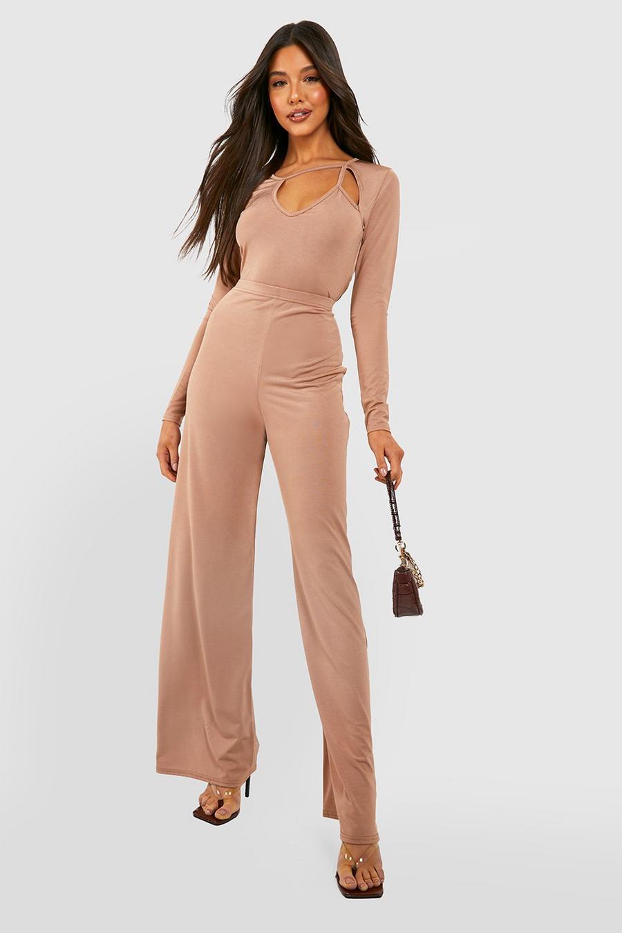 Camel beige Textured Slinky Wide Leg Trousers image number 1