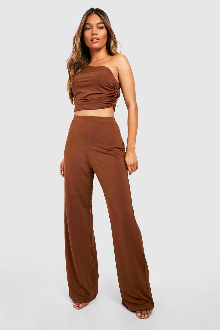 Chocolate Textured Slinky Wide Leg Trousers image number 1