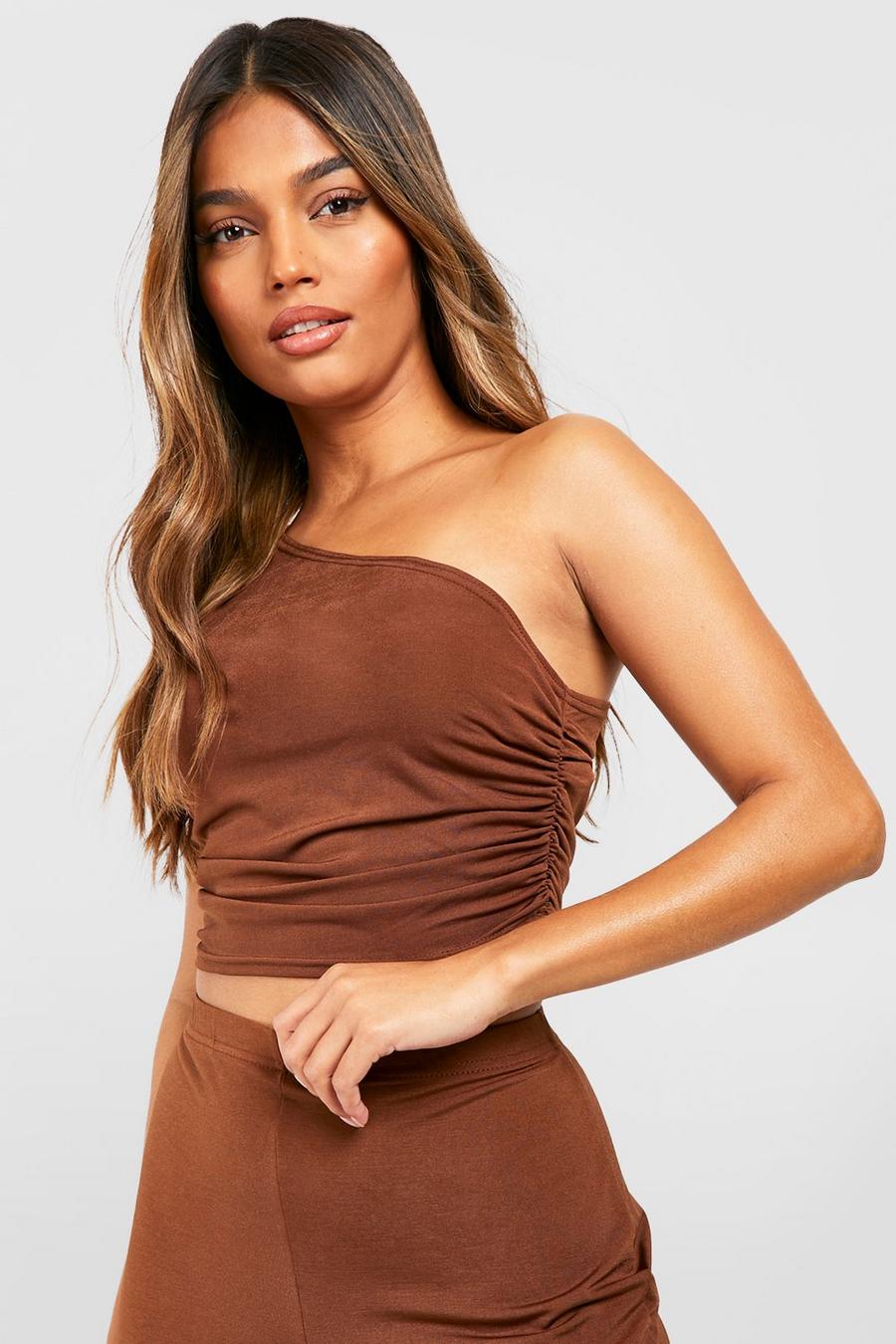 Chocolate Textured Slinky Ruched One Shoulder Crop image number 1