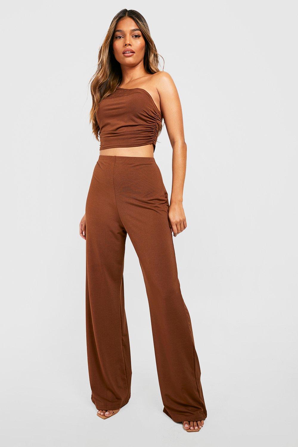 Brown Acetate Slinky Ruched Flared Pants