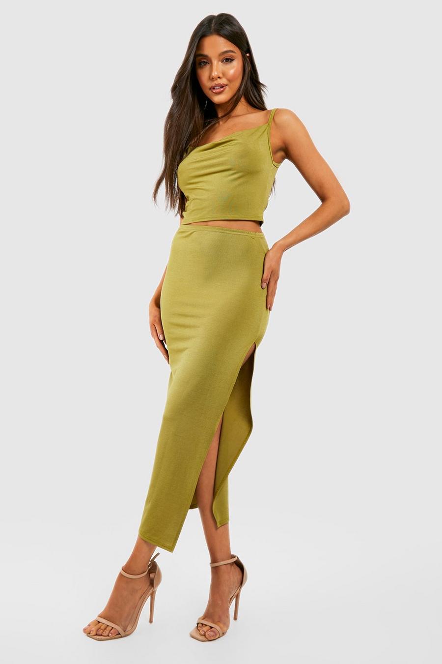 Olive green Textured Slinky Thigh Split Midaxi Skirt
