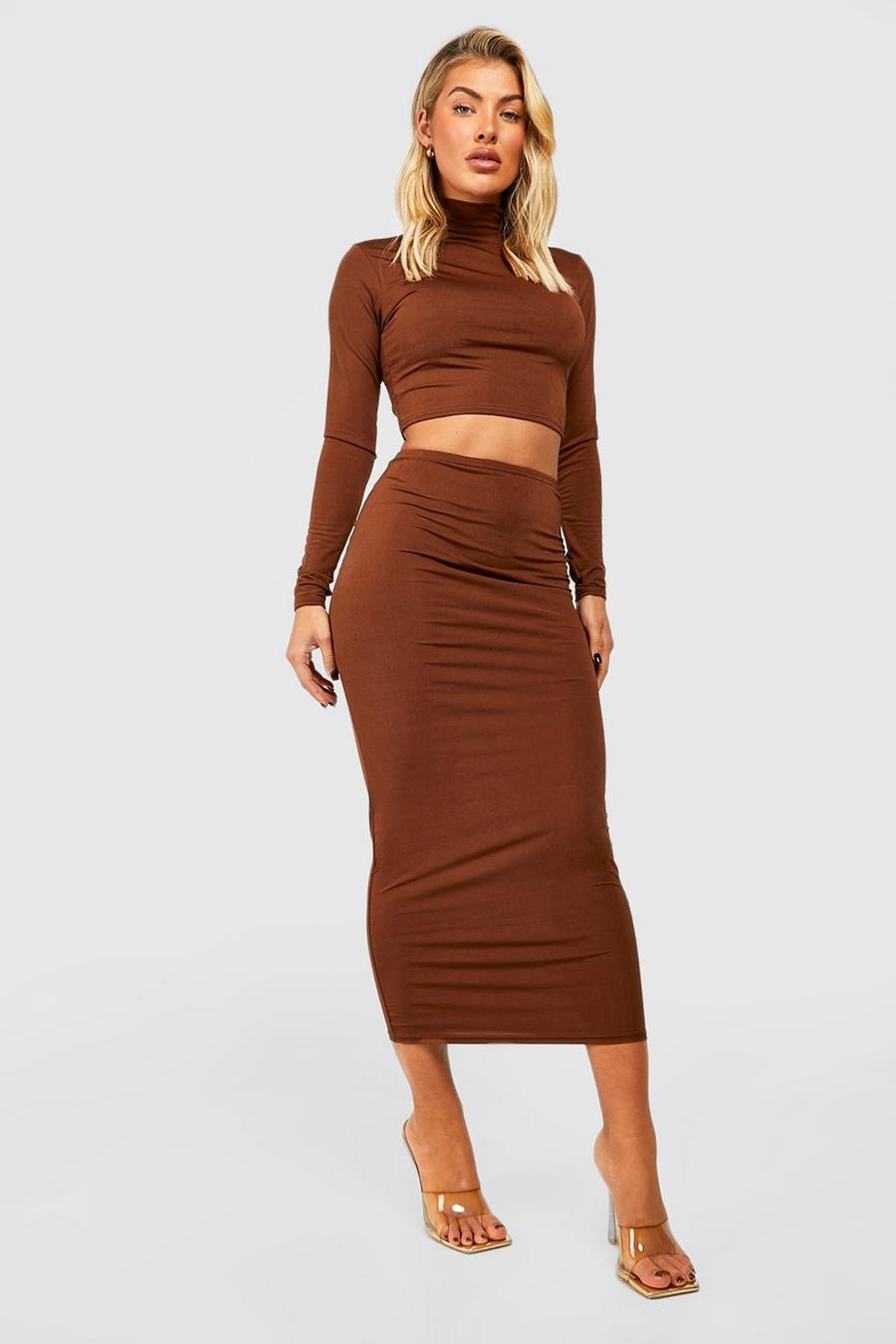 Chocolate brown Textured Slinky Midi Skirt image number 1