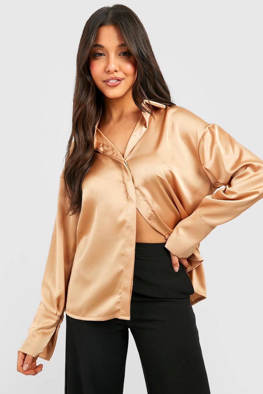 Camel Satin Deep Cuff Relaxed Fit Shirt image number 1