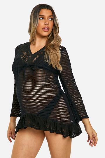 Maternity Crochet Lace Trim Beach Dress black