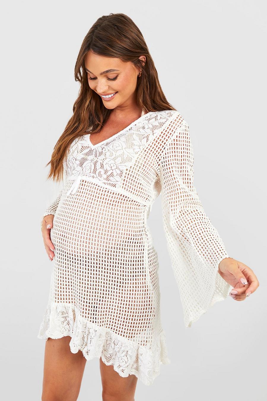 Ivory white Maternity Crochet Lace Trim Beach Dress