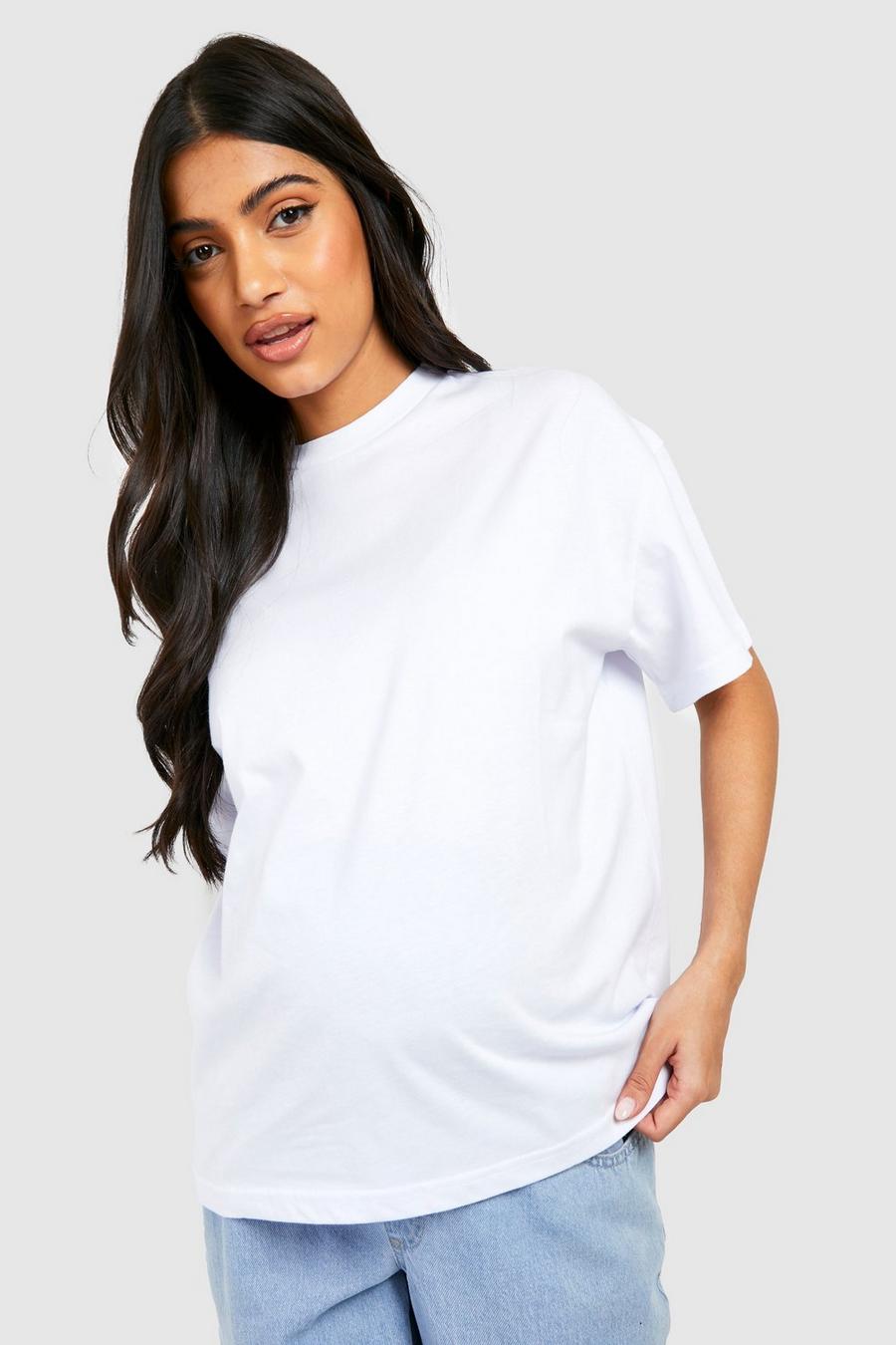White Maternity Oversized Crew Neck Basic Cotton T-Shirt image number 1