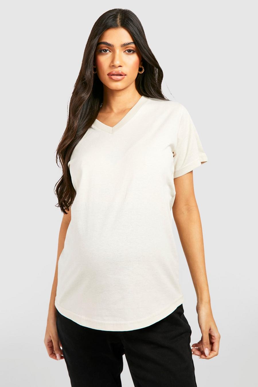Stone beige Maternity Deep V Basic Cotton T-shirt