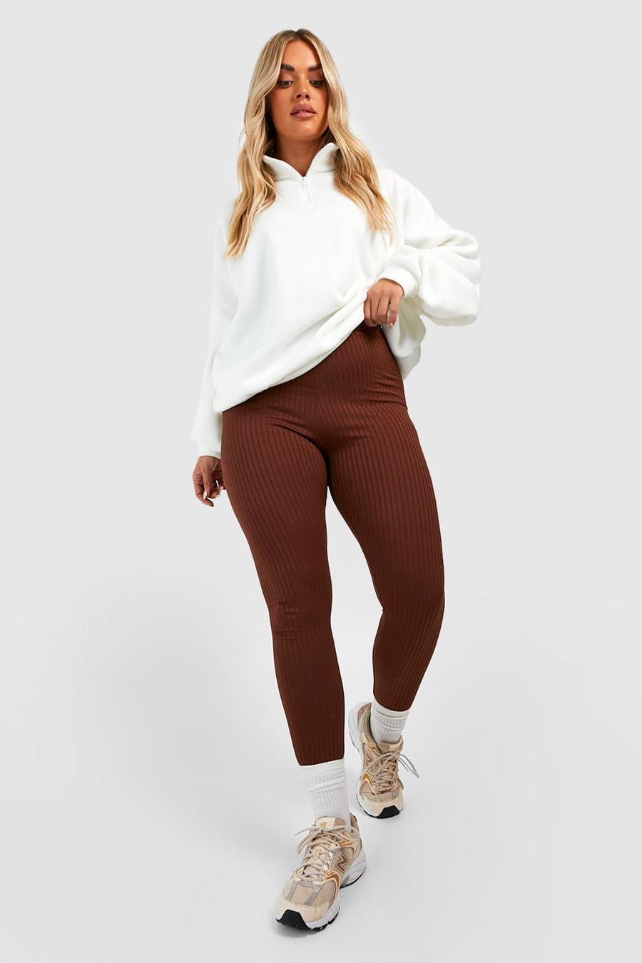 Chocolate Plus Thick Ribbed Mid Rise Basic Leggings image number 1