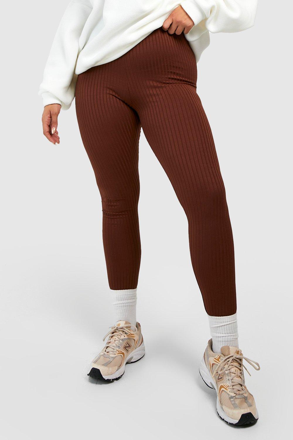 Chocolate Ribbed Mid Rise Basic Leggings