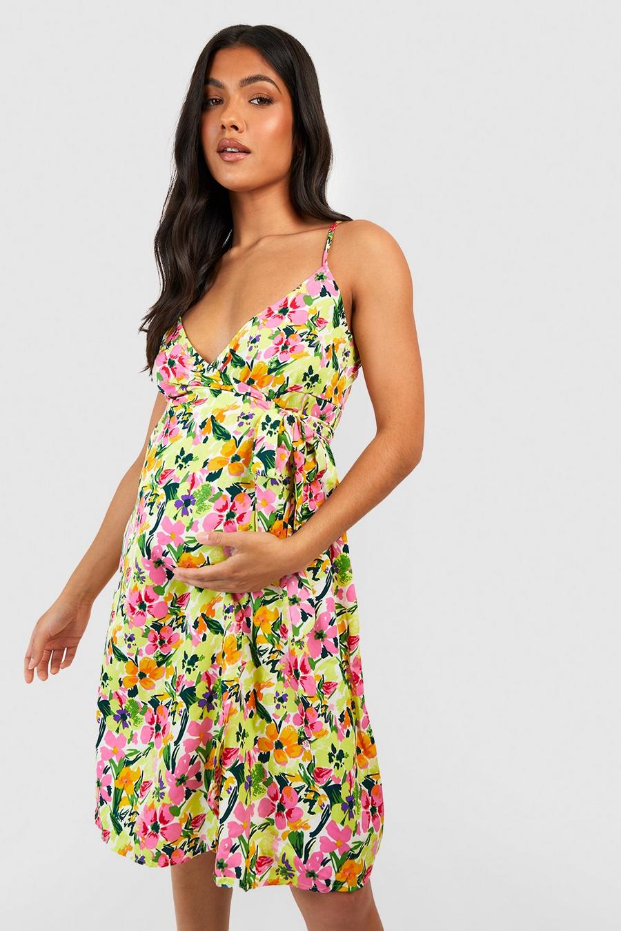 Green Maternity Floral Strappy Skater Dress