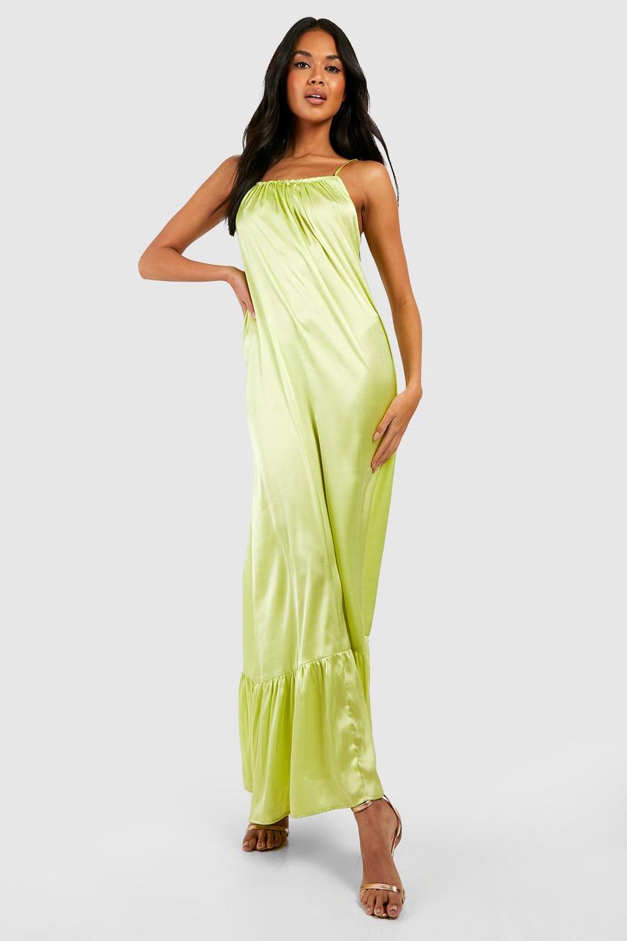 Chartreuse Satin Ruffle Hem Slip Dress image number 1