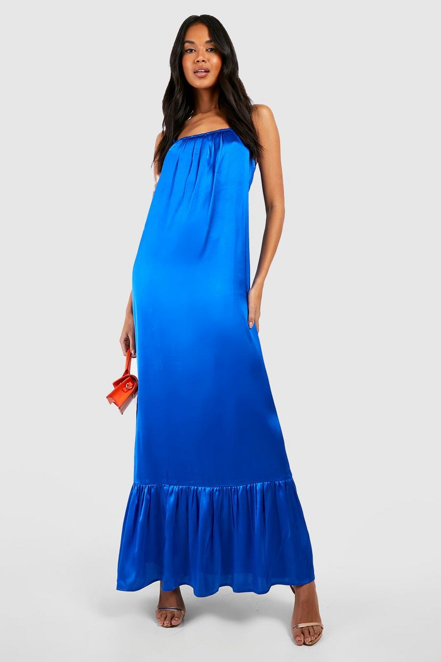 Cobalt bleu Satin Ruffle Hem Slip Dress