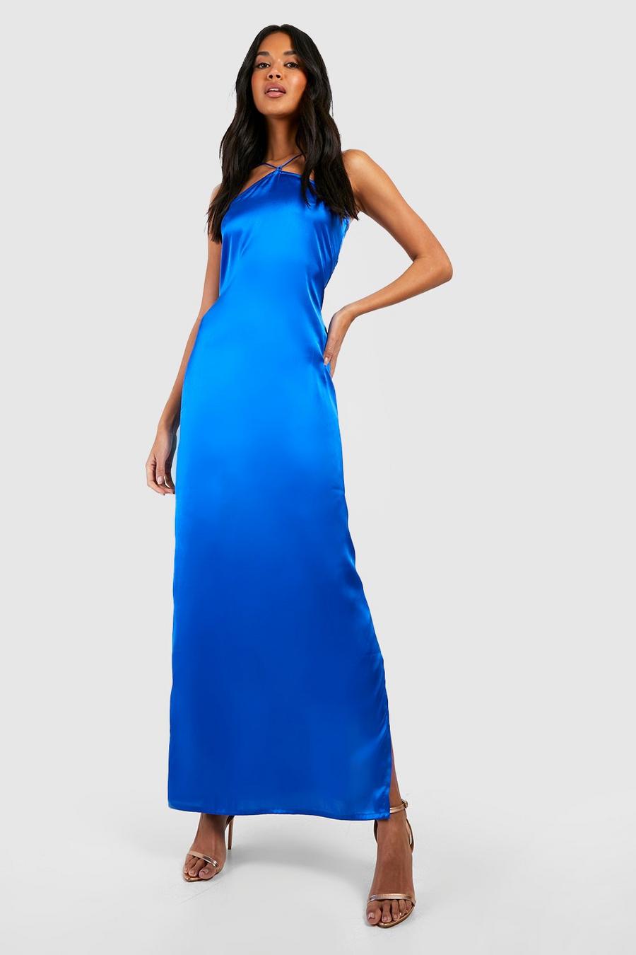 Cobalt Satin Halterneck Slip Dress image number 1