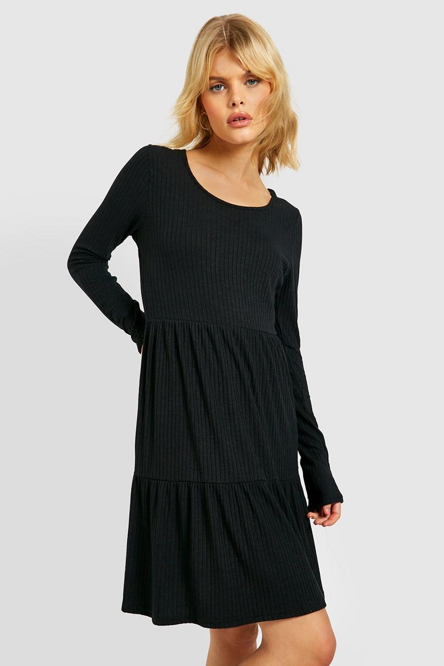 Black Tiered Soft Rib Mini Dress image number 1