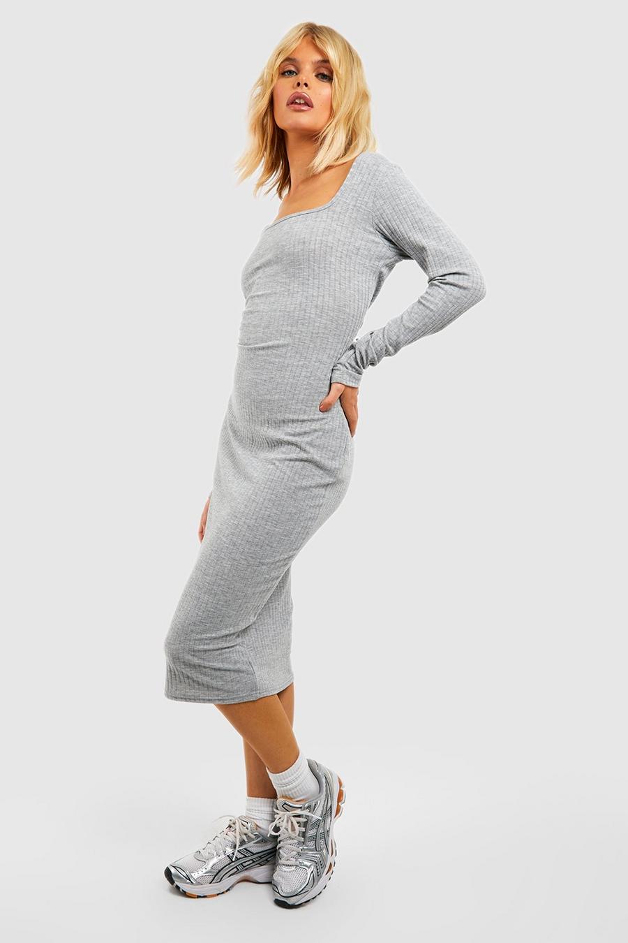 Grey marl Square Neck Soft Rib Long Sleeve Midi Dress image number 1